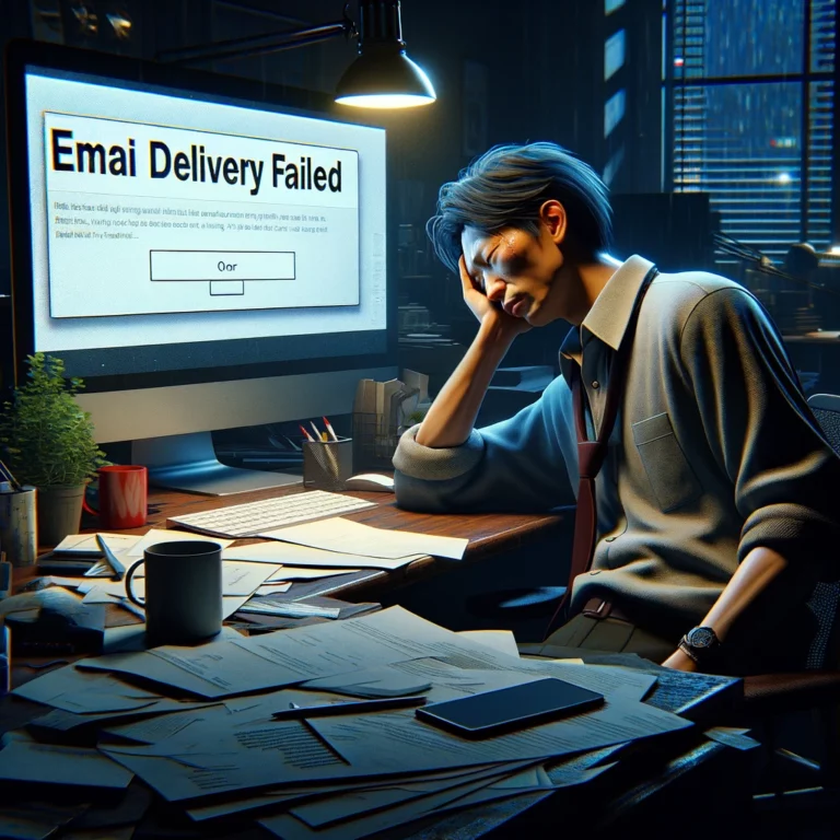office worker facing email delivery issues with a sense of frustration and exhaustion, by Dall.E :)
